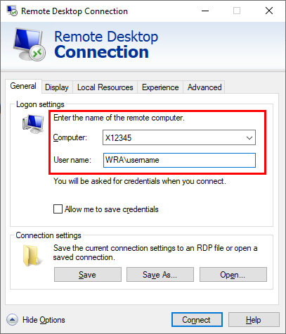 Remote Desktop GUI Username and Computer